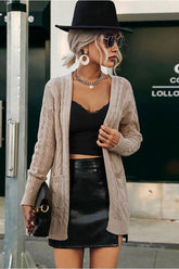 CABLE KNIT CASUAL CARDIGAN WITH POCKETS - Doublju